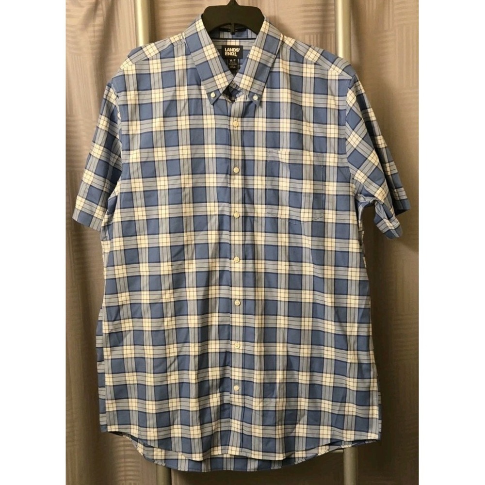 Lands' End Mens XLT 17-17.5 Traditional Fit Short Sleeve Plaid Button Up Shirt